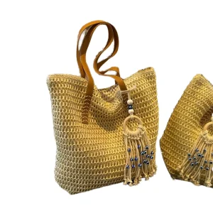 Women’s Three Striped Straw Shoulder Bag Large Capacity Bucket Tote Crossbody Travel Beach Portable Purse