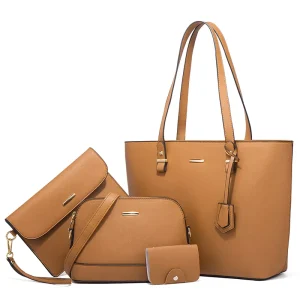 Women’s Top Handle Satchel Tote Bag Handbag Wallet Set with Chains Feathers Beading Decoration Two Handles 5 Piece Purse