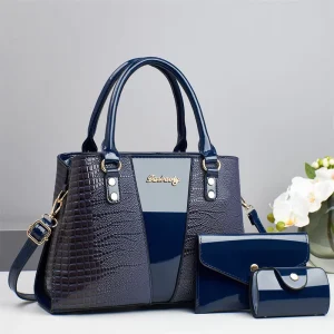 Women’s Tote Bag Clutch Set with Zipper Closure Crocodile Pattern Stripe Portable Shoulder Crossbody Straps Three Piece Handbag
