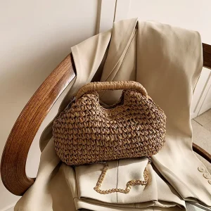 Women’s Tote Bags Fashion Solid Color Open Closure Underarm Woven Beach Bag New Portable Straw Braided Bag