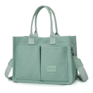 Women’s Trendy Cross Border Canvas Bag with Large Capacity Multi Pocket Wide Shoulder Strap Zipper Closure Handheld Tote Bag