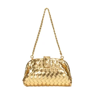 Women’s Vegan Thread Pattern Crossbody Woven Dumpling Clutch Casual Flap Style Zipper Closure PU Chain Strap Handbag