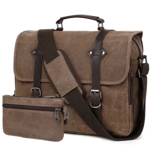 Women’s Vintage Canvas Satchel Leather Shoulder Strap Mini Laptop Handbag Large Capacity Durable Business Travel