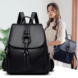 Women’s Vintage pu Leather Backpack Double Tassel Girls School Travel Bagpack Ladies Sac Dos Anti Theft Polyester