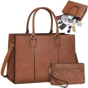 Women’s Waterproof PU Leather Laptop Tote Bag with Zipper Closure & Small Pouch Designer Briefcase for School Office Travel