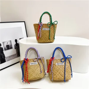 Women’s Woven Nylon Rope Tote Bag Solid Color Hanging Decoration Open Closure Basket Fashionable Straw Bag