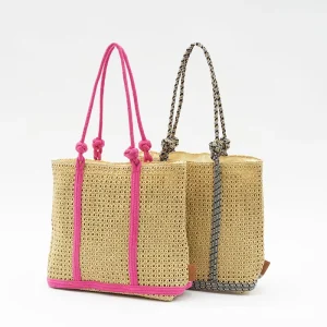 Women’s Woven Rope Straw Bag New Style Two Handles Open Travel Shoulder Bag Straw Beach Tote Bag
