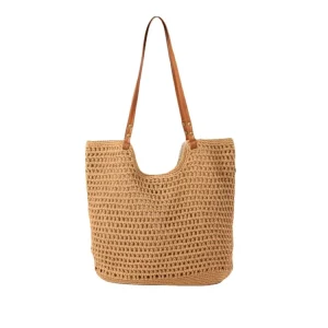 Women’s Woven Straw Bag Large Handmade Shoulder Straw Beach Bag Summer Hollowing Out Knitted Bucket Tote Large Capacity Tote Bag