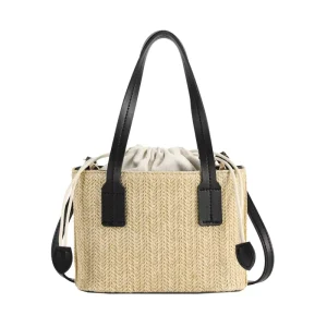 Women’s Woven Straw Handbag Summer New Bag Simple Cross Body Shoulder with Drawstring Bag Closure Portable PU Polyester Lining