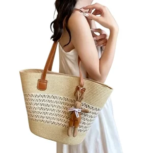 Women’s Woven Straw Tote Bag Seaside Holiday Portable Beach Leisure Travel Shoulder Summer Polyester Magnetic Button