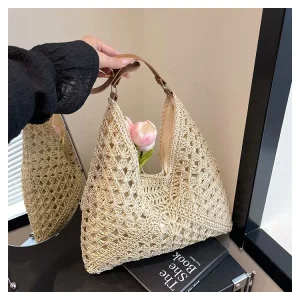 Woven Bag Women Hollow out Design Magnetic Button Closure Big Size Beach Vacation Straw Tote