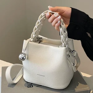 Woven Bucket Bag Soft Leather Lychee Grain Large Capacity Top Handle Shoulder Crossbody Handbags for Women