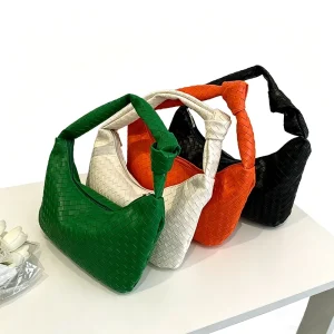 Woven Ladies Vintage Fashion Bag PU Leather Zipper Closure Lightweight Portable Polyester Lining Summer Daily Use