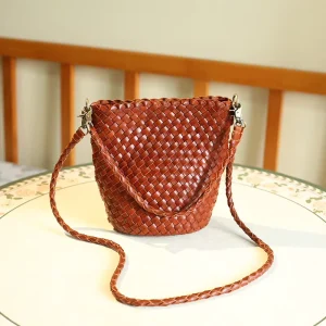 Woven Leather Bucket Bag Top Layer Cowhide Crossbody Liangchen Leather