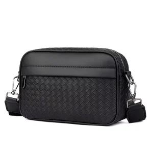 Woven Men’s Crossbody Bags PU Leather Waterproof Shoulder Bags Plaid Business Travel Small Backpack Fashion Messenger Bags