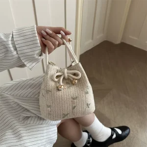 Woven PVC Mini Cross border Trend Women’s Fashionable Lace All match Ins Drawstring Bucket Shoulder Crossbody Bag