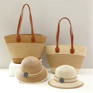 Woven Shoulder Beach Bag & Paper Straw Hat Set 2-Piece Striped Large Capacity Summer Unisex Daily Outdoor