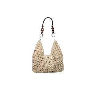 Woven Straw Bag Large Capacity Women’s Fashion Single Shoulder Wooden Bead Polyester Open Spring Casual