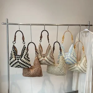 Woven Straw Bag New High Value Large Capacity Women’s Fashionable One Shoulder Wood Bead Polyester Open Spring Casual