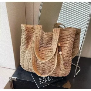 Woven Straw Bags Two Straps Tote Bags with Zipper Closure Portable Polyester Lining Available