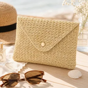 Woven Straw Clutch Purse Custom Logo Natural Beach Evening Bag with Canvas Lining Factory Supplier
