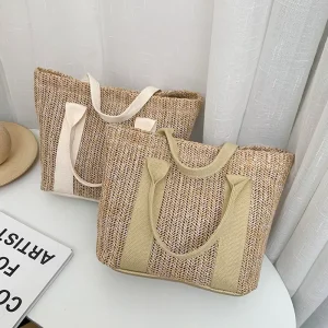 Woven Straw Shoulder Crossbody Bag Large Capacity Summer Womens Fresh Style Vacation Travel All Match Beach Polyester Lining