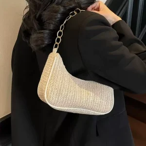 Woven Straw Square Underarm Beach Bag New Fashionable Casual Women’s Zipper Closure Polyester Lining
