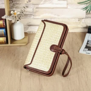 Woven Straw Summer Clutch Bag with Leather Trim Color Blocked Design Hinged Metal Frame Portable for 6.9″ Phone & Passport