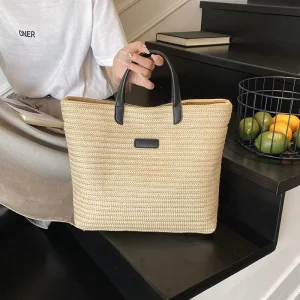 Woven Straw Tote Bag Large Capacity Summer Handbag with PU Handle for Beach Travel Daily