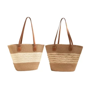 Woven Straw Tote Zipper Summer Beach Bag Striped Shoulder Bag for Women