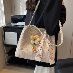 Woven Straw Zipper Closure Large Capacity Women’s Summer Beach Crossbody Tote Shoulder Bag