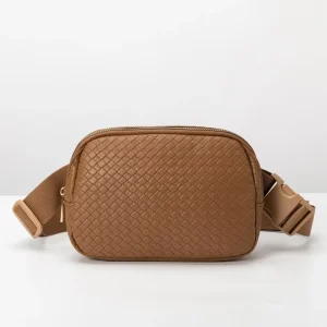 Woven Texture Pu Leather Waterproof Fanny Pack Sling Belt Bags Large Capacity Crossbody Chest Bags Outdoor Gym Waist Belt Bag