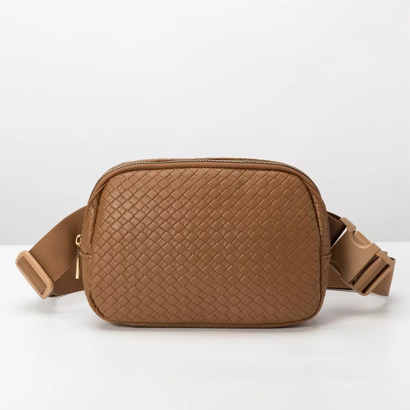 Woven Texture Pu Leather Waterproof Fanny Pack Sling Belt Bags Large Capacity Crossbody Chest Bags Outdoor Gym Waist Belt Bag
