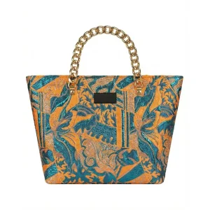 Xinzirain Custom Vintage Jacquard Chain Top Handle Bag Floral Pattern Gold Metal Chain Black Label Commuting Tote Bag Women