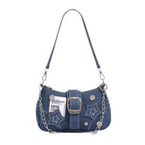 Y2K Denim Stars Embroidery Chain Underarm Crossbody Shoulder Bag Women Strap Girls Outdoor Pocket Daily Crescent Bag