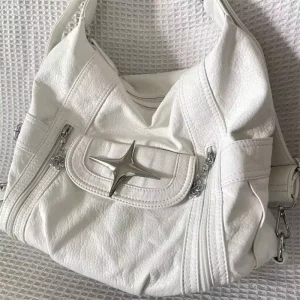 Y2k Large Capacity Shoulder Bag White Pu Leather Crossbody Handbag Punk Goth Fashion Simple Designer Handbag