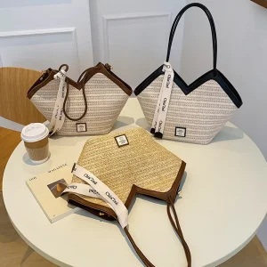 ZPY090 Custom Heart-shaped Straw Tote Bag With Brand Ribbon, Summer Beach & Vacation Purse, OEM/ODM Custom Logo Accepted