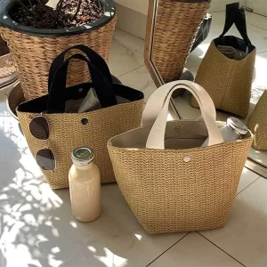 in Stock Custom Large Capacity Woven Straw Bucket Bag Women Basket Beach Bag