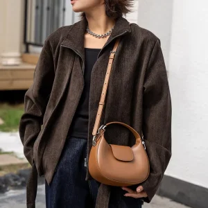 Korean Half Round Casual Bag Cowhide Leather Shoulder Cross Color Saddle Bag Fashion Flap Women’s Bag Handbag