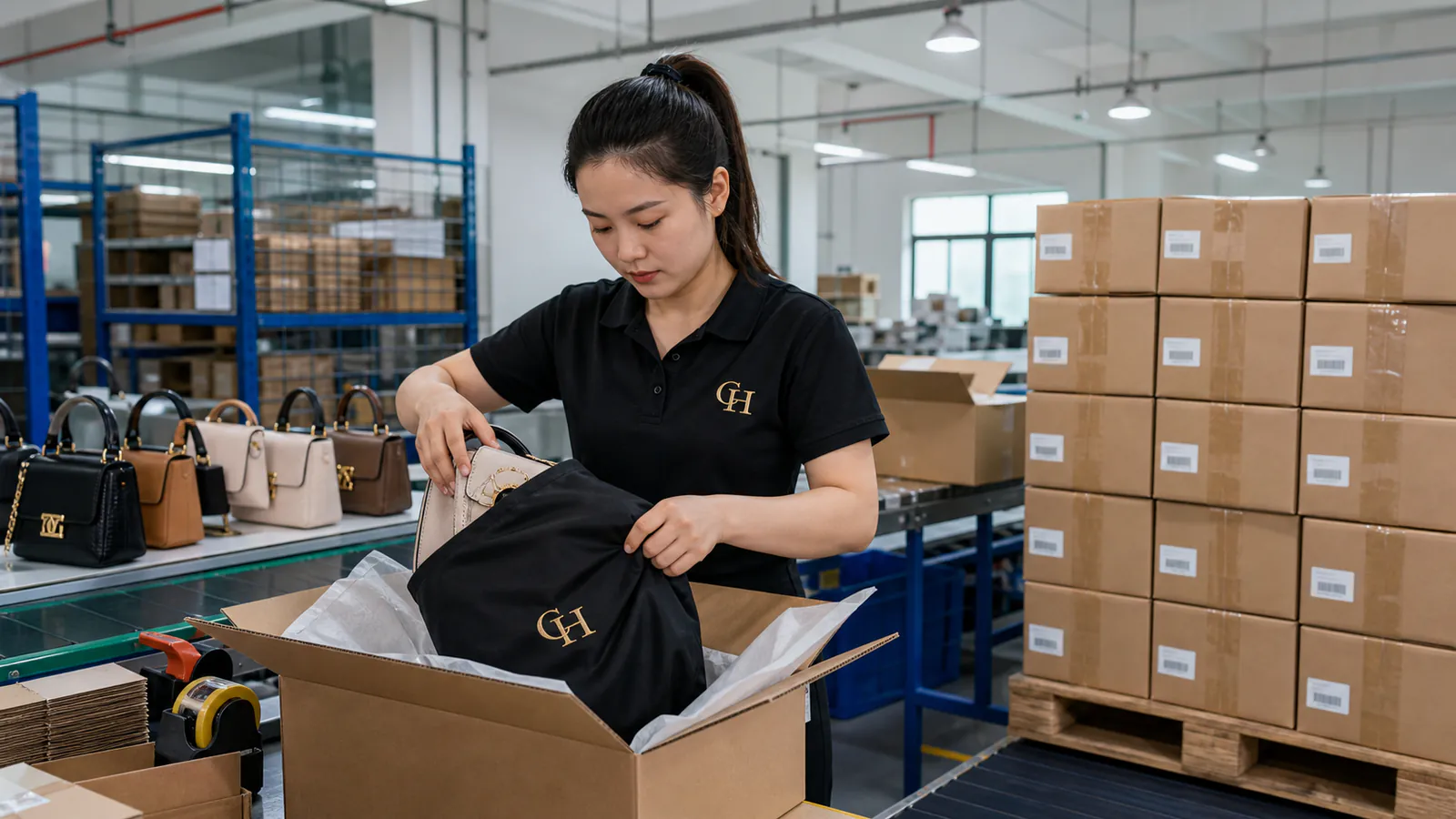 Finished women bags prepared for global delivery