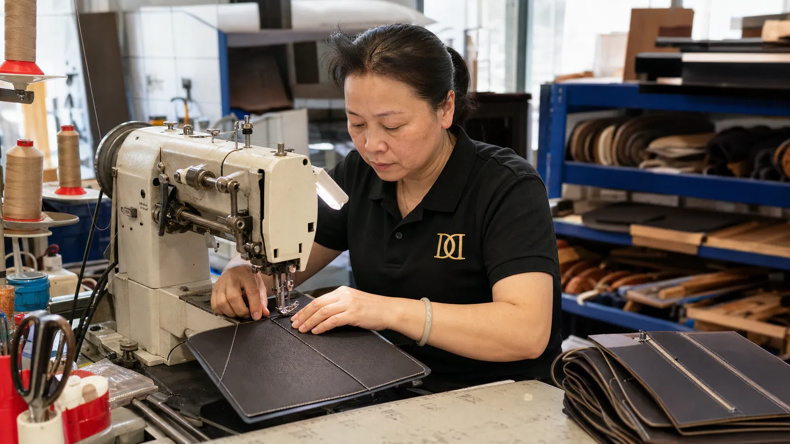 Skilled sewing of women bag panels